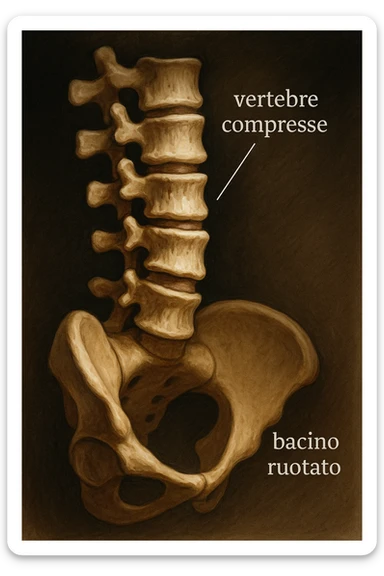 realistic anatomical illustration, exclusive focus on compressed vertebrae, lateral view, compression due to rotated pelvis, dramatic clinical lighting, Italian captions, aspect ratio 2:3 sticker