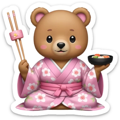 A cute light-brown bear wearing a pastel pink sakura-patterned kimono, normal balanced body ratio. 
Happily eating sushi with chopsticks, excited sparkling eyes. 
Kawaii emoji style, minimalistic clean sticker illustration, white background.
 sticker