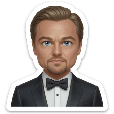 Leonardo DiCaprio with blue eyes, dark blonde hair, black metallic suit with bow tie sticker
