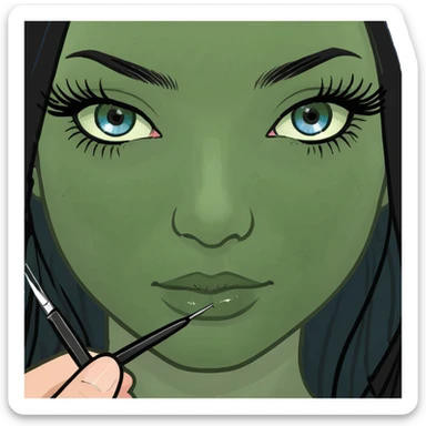 Girl lash-maker, long black hair, blue eyes, with two tweezers for eyelash extensions sticker