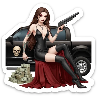 Lilith symbol red eye seductress evil long brown haired sexy succubus woman with leather long dress with slit, sitting in Big Large F350 pickup truck. Black Platform high heels on feet. Tattoo sleeve arms, seat full of stacks of cash, and a man dead human skull of her enemies and a gun in other hand sticker