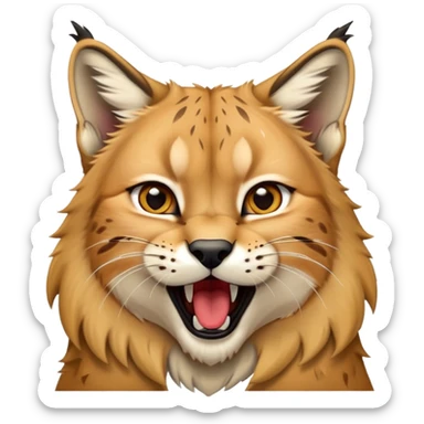 Cinematic-Cute-Yawning-Lynx-Portrait-Emoji – Head tilted slightly with a dramatic, wide-open yawn, revealing a dense golden-brown fur coat with subtle spots, signature black ear tufts standing tall, round amber eyes barely open in drowsy contentment. sticker