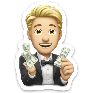 homme aux cheveux blancs riche tient des billets dans ses mains et saute de joie sticker