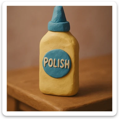 claymation style close-up of Pledge-like furniture polish bottle on a wooden table, soft lighting, pastel colors sticker