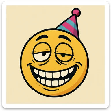 yellow face with wide grin, uneven eyes, party hat, drunk expression sticker