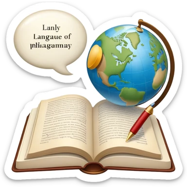 An icon featuring an open book, a speech bubble, and a pen, symbolizing philology and linguistics. The design includes a globe with language characters and grammar symbols, representing the study of languages and literature. Transparent background highlights language analysis. sticker