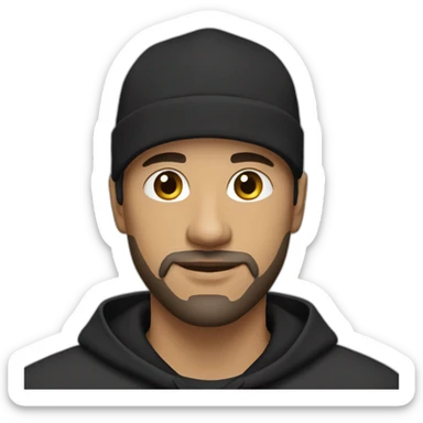 bald man with black (short) beard and no glasses in a black hoodie wearing a black cap sticker