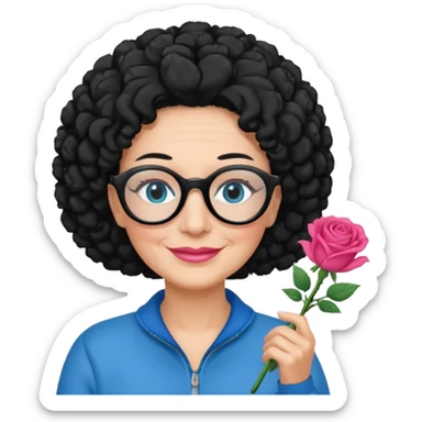 FEMME FRISÉ 60 ANS CHEVEUX NOIR FRISÉ LONG SOURIANTE AVEC CHANDAIL ROSE,   YEUX BLEU ET UN PINCEAU À LA MAIN LA MAIN AVEC 5 DOIGT SEULEMENT ET LUNETTE sticker