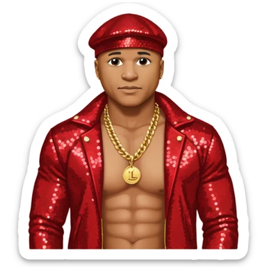 LL Cool J with red sequin jacket, shirtless with necklace sticker