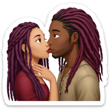 Dark Wine colored hair Latina long hair, kissing young black guy with dreads sticker