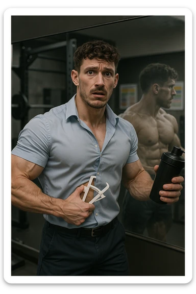 a fit man in his 30s stands in front of a gym mirror, flexing his muscles with a concerned expression. In one hand, he holds a caliper measuring his body fat, while in the other, a protein shaker. Reflected in the mirror, his muscular physique appears slightly faded around the edges, symbolizing his fear of losing muscle. The background shows gym equipment and nutrition charts, emphasizing his focus on definition. sticker