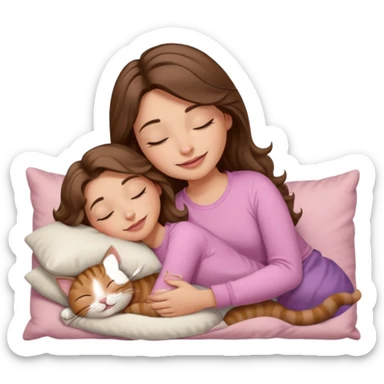 girl with wavy long brown hair, brown eyes, light to medium complexion, long lashes, light pink lipstick, smiling, wearing light pink shirt, sleeping on a cozy pillow, with brown tabby cat, sleeping sticker
