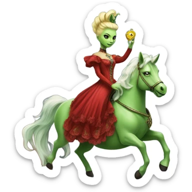 "galora green blonde alien woman" in red Victorian elegant dress, full body, rides unicorn gold and white
(NO WOKE)
 sticker