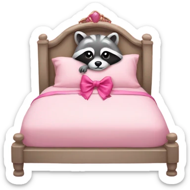 princess style bed with sleeping cute racoon wearing pink bow on head in it sticker