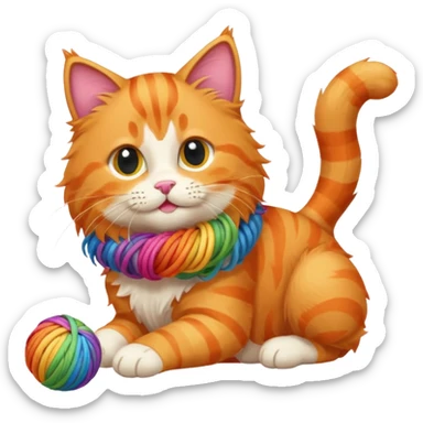 An orange kitty playing with a rainbow ball of yarn sticker