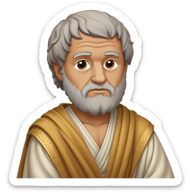 Cinematic Realistic portrait of Aristotle the philosopher, depicted as a wise, contemplative figure in detailed ancient Greek attire, with a textured draped robe and thoughtful expression, bathed in soft classical lighting that highlights his timeless intellect. sticker