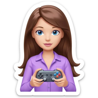 beautiful barbie girl with long brown hair, blue eyes and wearing light purple clothes playing console games with controller sticker