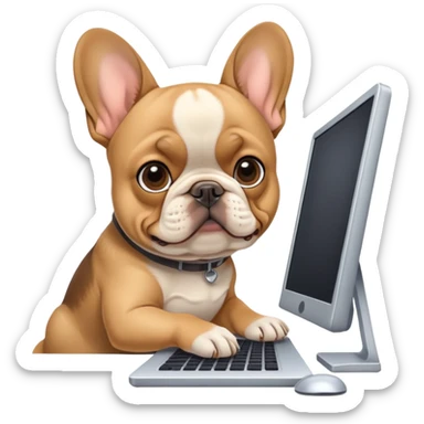 Frenchie working behind computer sticker