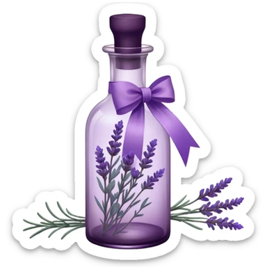A vintage glass bottle, filled with delicate lavender stems in varying shades of soft lilac and deep aubergine, is adorned with a hand-dyed violet ribbon tied into a gentle bow. The light filters through the dusty glass, casting shadows of lavender sprigs onto the lace-covered surface, as if capturing a fleeting moment of serenity.






 sticker