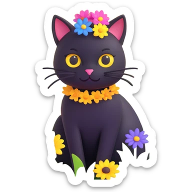 a black cat with a flower on its head in a field of flowers sticker