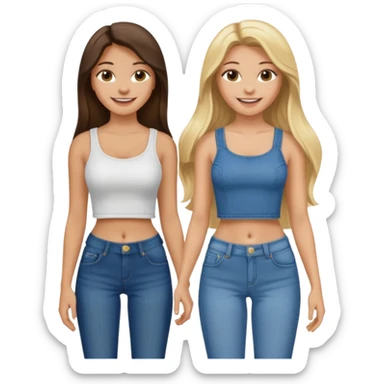 a long hair brunette girl and a blonde girl in jeans and crop tops smiling friends sticker