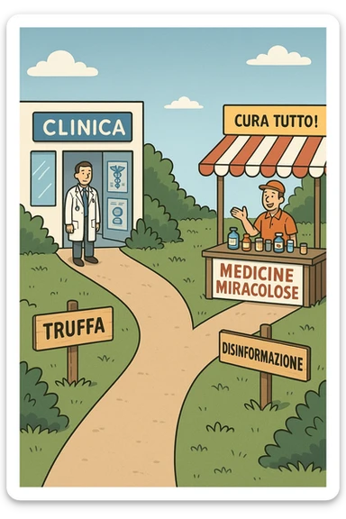 two paths diverge—one leads to a trustworthy clinic with doctors and scientific posters, the other to a shady stand selling “miracle” medicines with exaggerated claims. Signs along the second path warn of scams and misinformation. The scene encourages viewers to choose reliable, science-based healthcare. in italiano sticker