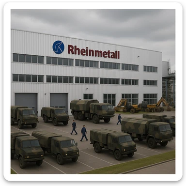 Realistic Rheinmetall factory exterior, large industrial building with Rheinmetall logo, factory grounds with machinery and equipment, realistic lighting and shadows, industrial atmosphere, camouflage colors, focus on the factory building in camouflage colors sticker