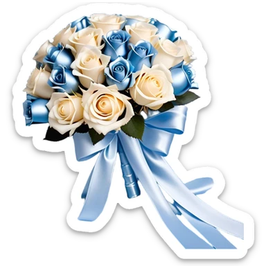 Against a soft, misty blue satin backdrop, a luxurious bouquet of powder blue and ivory roses is elegantly tied with a wide, flowing pearl-white silk ribbon that cascades gently onto the surface. Floating gracefully above the bouquet, a cluster of metallic pearl balloons in shades of silver-blue and soft champagne reflects the ambient light, casting a delicate shimmer. A few loose rose petals rest on the fabric. sticker