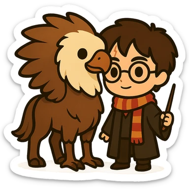 Illustration of Harry Potter and a hippogriff together in a cute, cartoon, simplified style. Harry Potter is full body with round glasses, scar on forehead, striped scarf, dark brown hair, wand, and Hogwarts robe. The hippogriff has a horse body and eagle head and wings, slightly taller than Harry Potter. Bold black lines and soft colors. sticker