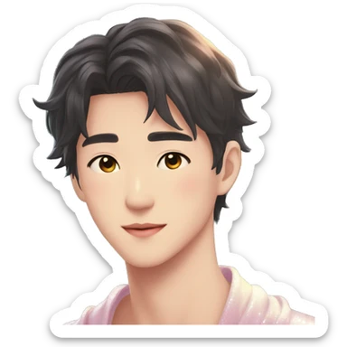Gorgeous bright sparkly romantic Asian anime gentle man with blushing face aesthetic trending style outside sticker