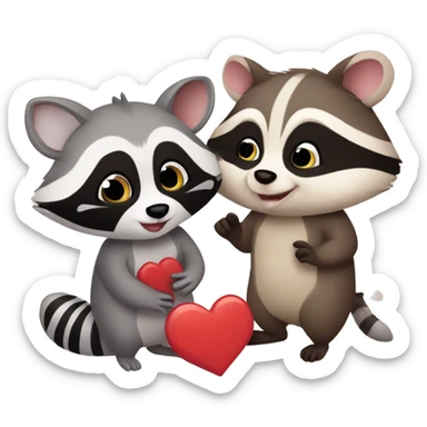 Raccoon and opossum cute couple in love with heart sticker