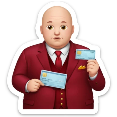 fat guy bold head in dark red velvet suit holding cheque sticker