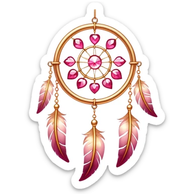 Reddish-pinkish and golden warm-colored romantic lush beautiful pretty hanging crystal-catcher aesthetic with hearts and sparkles and feathers sticker