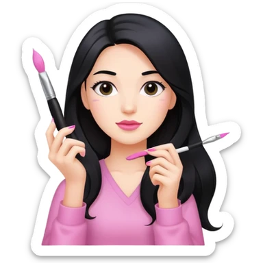 Pink Nail Tech with black long hair holding small acrylic brush sticker