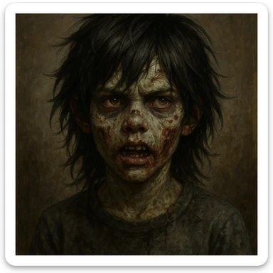 boy zombie with long black wolf cut hair, detailed, expressive sticker