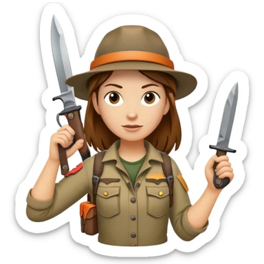 Female wilderness explorer Melissa Backwoods holding a survival knife sticker