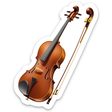 Create an elegant and refined emoji representing the Cremona cello with a Hans Klein HKCB bow. The design should feature the curved wooden body of the cello with a rich, glossy finish, capturing its classical shape and intricate details. The bow should be displayed with fine craftsmanship, highlighting the hair and the smooth, polished wooden stick. Include subtle musical notes floating around the instrument to emphasize its rich, melodic sound. Use deep wood tones like chestnut brown, gold accents for the fittings, and soft lighting effects to give the instrument a timeless, professional feel. The background should be transparent. sticker