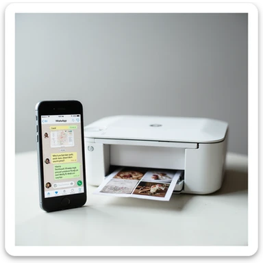 realistic thumbnail for a WhatsApp print out service, phone on the left displaying WhatsApp chat with image and document icons, printer on the right outputting printed photos and documents, simple background sticker