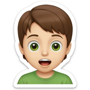 kid with big eyes, brown hair, green t-shirt, mouth open, smiling sticker