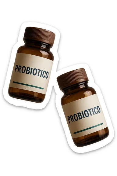 due boccette di integratori con la scritta "PROBIOTICO" SULL'ETICHETTA, FLUTTUANO IN ARIA, realistica 4k sticker