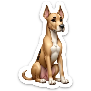 cinematic-[fawn great dane]-realistic-full-body-sitting-emoji,-tail-resting-loosely-beside-its-paws,-head-tilted-dramatically,-sleek-[fawn]-fur,-simplified-yet-realistic-focused-features,-highly-detailed,-glowing-with-an-almost-sarcastic-glow sticker