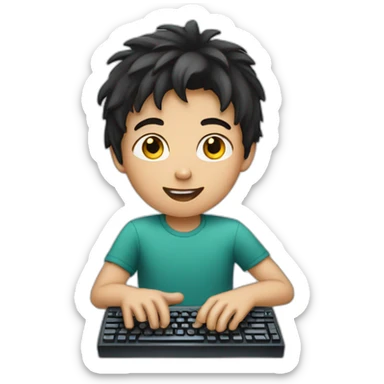 dark haired young boy with a computer sticker