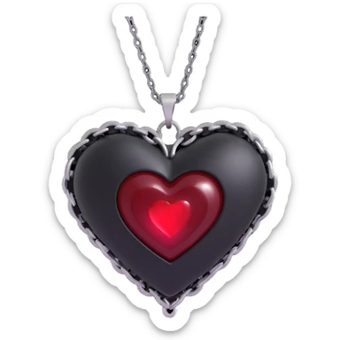 3D emoji gothic heart, black satin, silver chain wrap, blood red gem, dramatic and ornate sticker