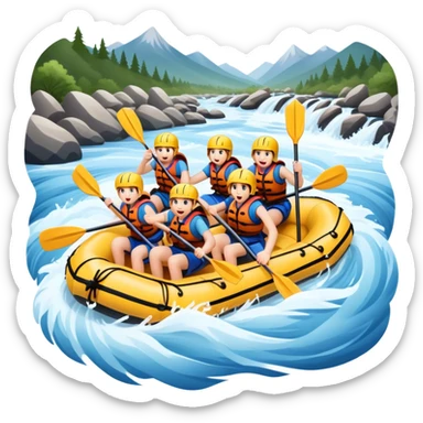 A group of adventurers paddling a raft through wild, fast-moving river rapids. The scene includes splashing water, rugged rocks, and intense action, emphasizing the excitement and teamwork of rafting in challenging conditions. sticker