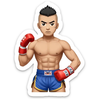 Rodtang Jitmuangnon the Iron Man, fierce Muay Thai fighter with mohawk hairstyle, intense expression, muscular build, wearing mongkhon headband and traditional Muay Thai shorts sticker