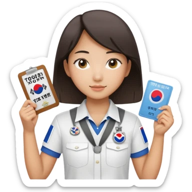 A young Asian guide holding her tour license in both hands, wearing a white shirt with the South Korea badge on her chest. sticker