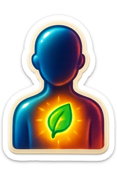 human silhouette or body with a glowing or highlighted leaf symbolizing mental health placed on the chest or face, retro stickers style, clear outlines, strong shadows and highlights, fun and not too complex, psychosomatics and psychology theme sticker
