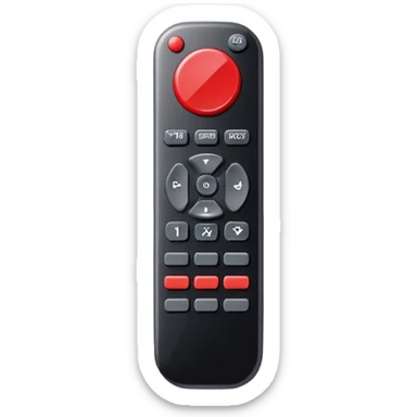 One black tv remote control with red border, frontal face in  2 dimensions. The remote control have to have 4 buttons in black and one big one in red and the play sign. Use sticker model sticker