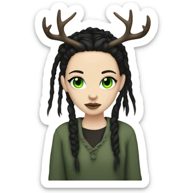 Girl with pale skin, green eyes, black dread-locks, eyeliner, deer antlers, grunge sticker