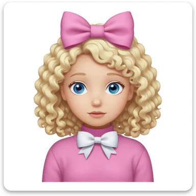 girl with blonde curly hair and blue eyes wearing a pink sweater and white hair bow sticker